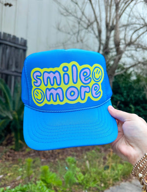 Smile More Columbia Blue Trucker by Southern Bliss Company, custom hat main product photo