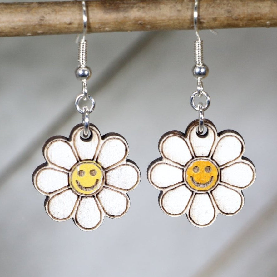 Smiley Daisy Wooden Earrings | Retro Flower Happy Face Jewelry by Cate's Concepts, LLC, handmade jewelry main product photo