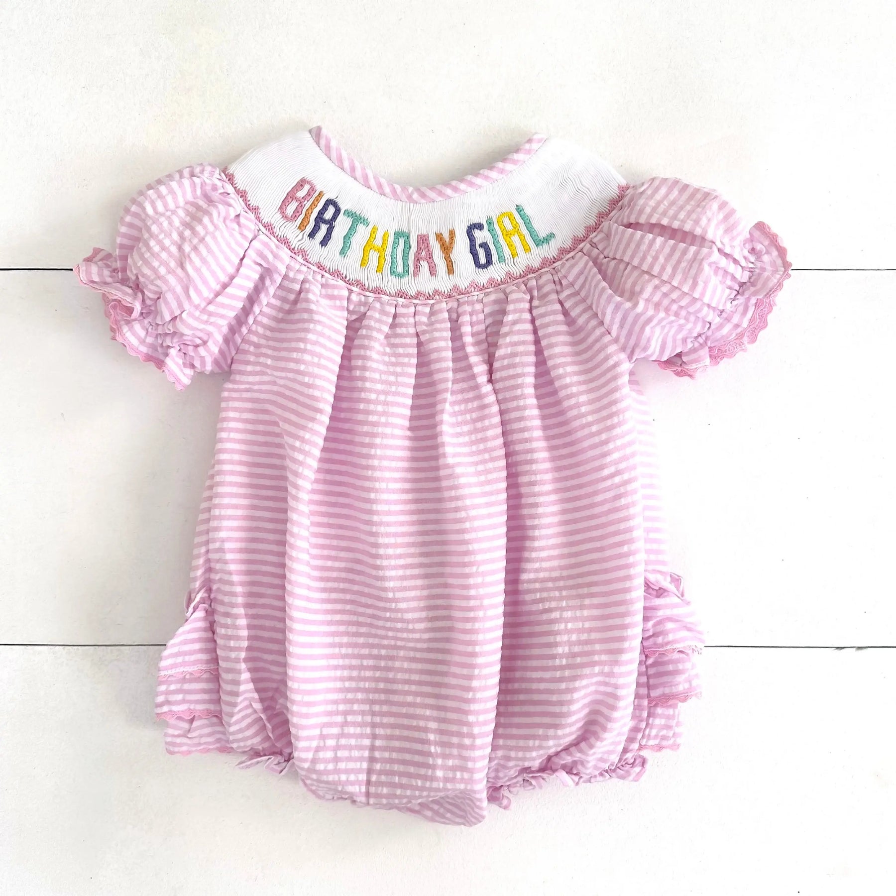 Smocked Birthday Girl Bubble by Seven Lantern Lane, children's boutique clothing main product photo