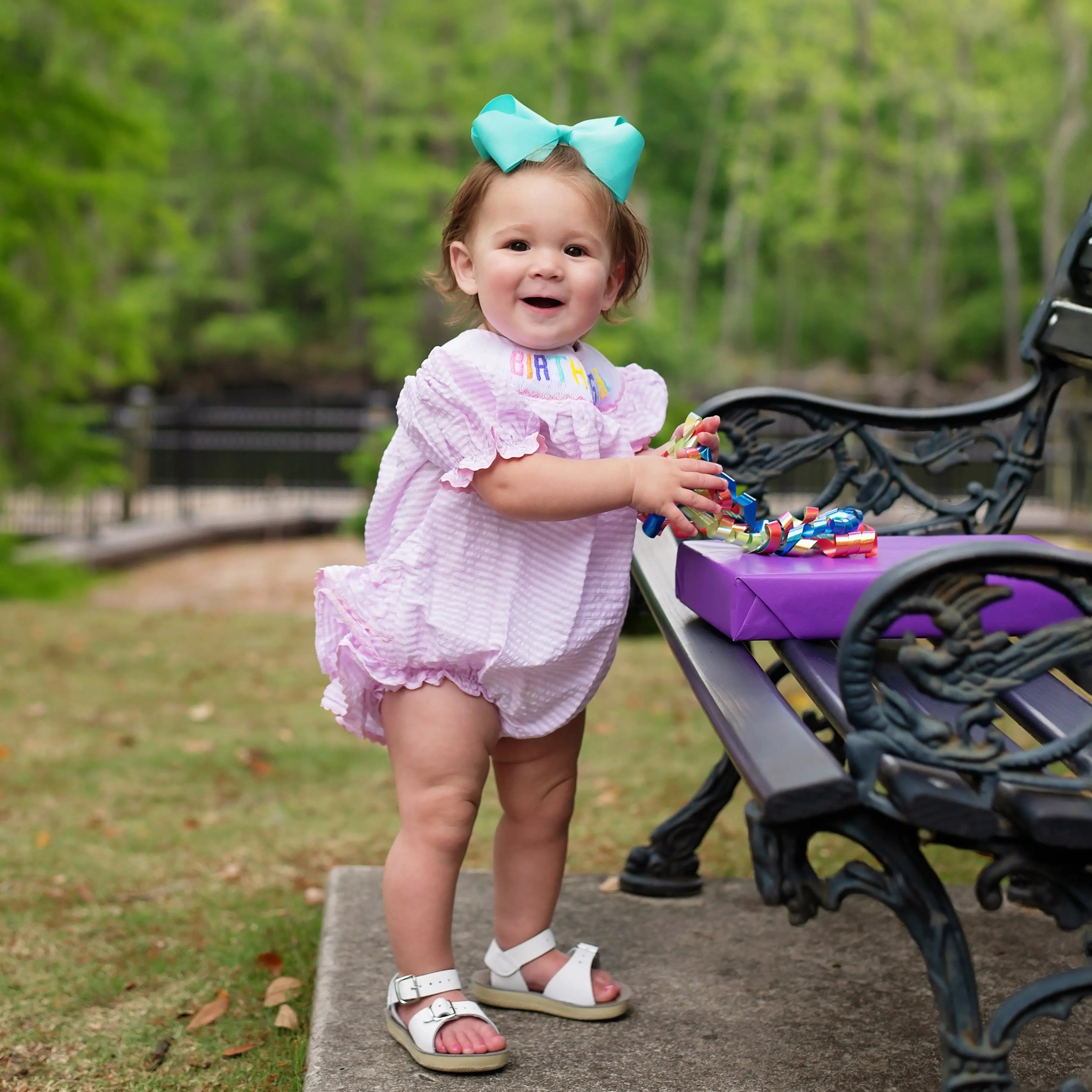 Smocked Birthday Girl Bubble by Seven Lantern Lane, children's boutique clothing detail photo 2