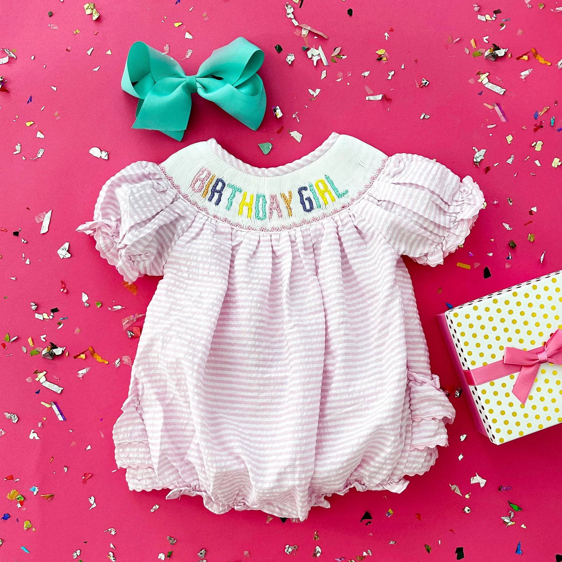 Smocked Birthday Girl Bubble by Seven Lantern Lane, children's boutique clothing detail photo 4