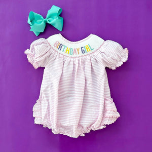 Smocked Birthday Girl Bubble by Seven Lantern Lane, children's boutique clothing detail photo 9