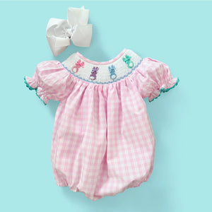 Smocked Pink Bunny Bubble by Seven Lantern Lane, children's boutique clothing main product photo