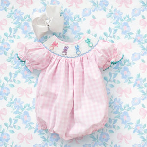 Smocked Pink Bunny Bubble by Seven Lantern Lane, children's boutique clothing detail photo 4