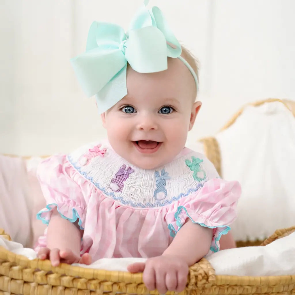 Smocked Pink Bunny Bubble by Seven Lantern Lane, children's boutique clothing detail photo 5