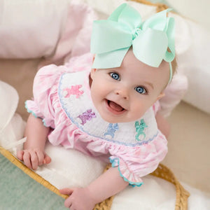 Smocked Pink Bunny Bubble by Seven Lantern Lane, children's boutique clothing detail photo 7