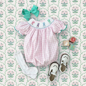 Smocked Pink Bunny Bubble by Seven Lantern Lane, children's boutique clothing detail photo 8