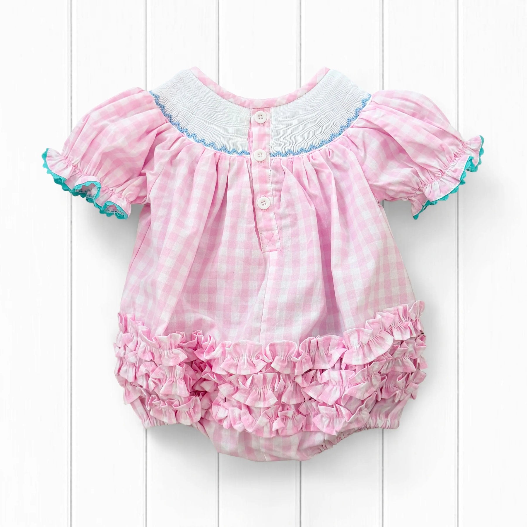 Smocked Pink Bunny Bubble by Seven Lantern Lane, children's boutique clothing detail photo 9