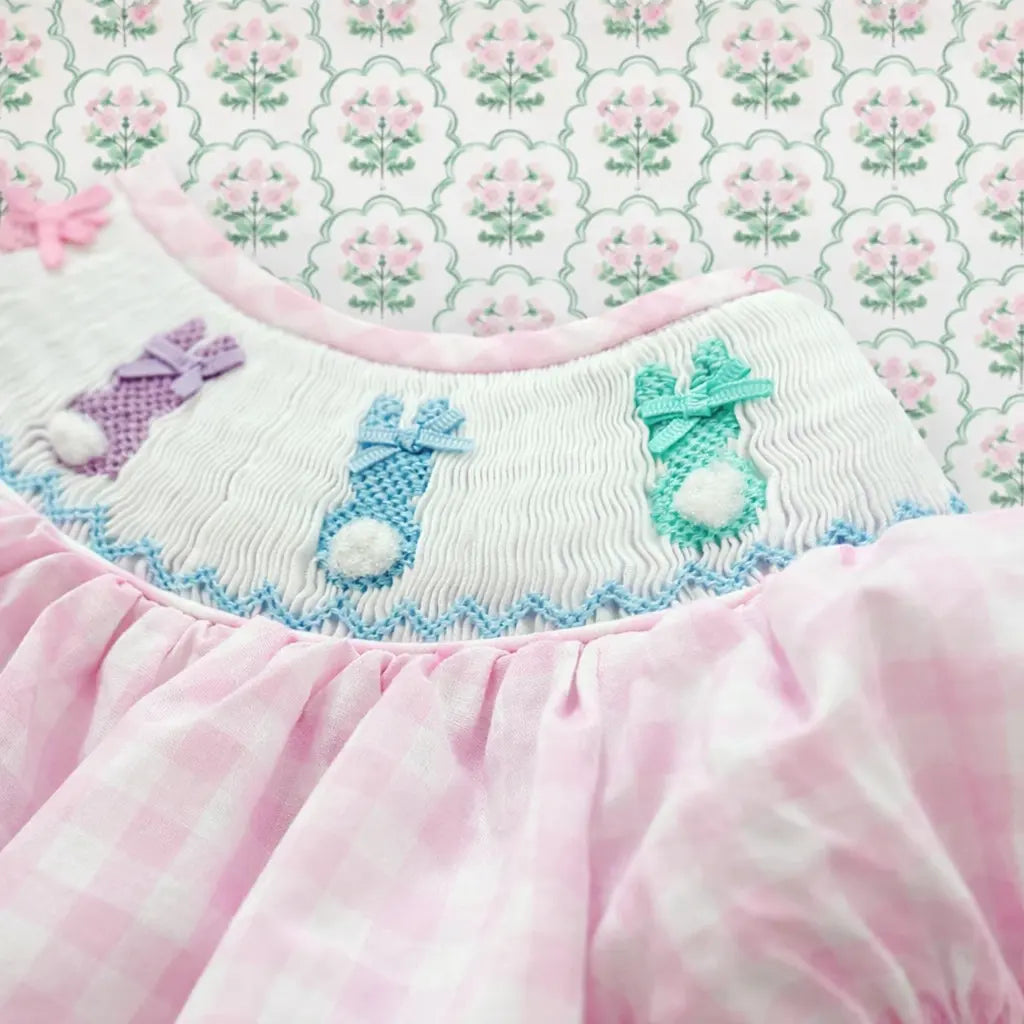 Smocked Pink Bunny Bubble by Seven Lantern Lane, children's boutique clothing detail photo 10