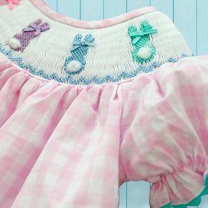 Smocked Pink Bunny Bubble by Seven Lantern Lane, children's boutique clothing detail photo 11