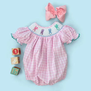Smocked Pink Bunny Bubble by Seven Lantern Lane, children's boutique clothing detail photo 12