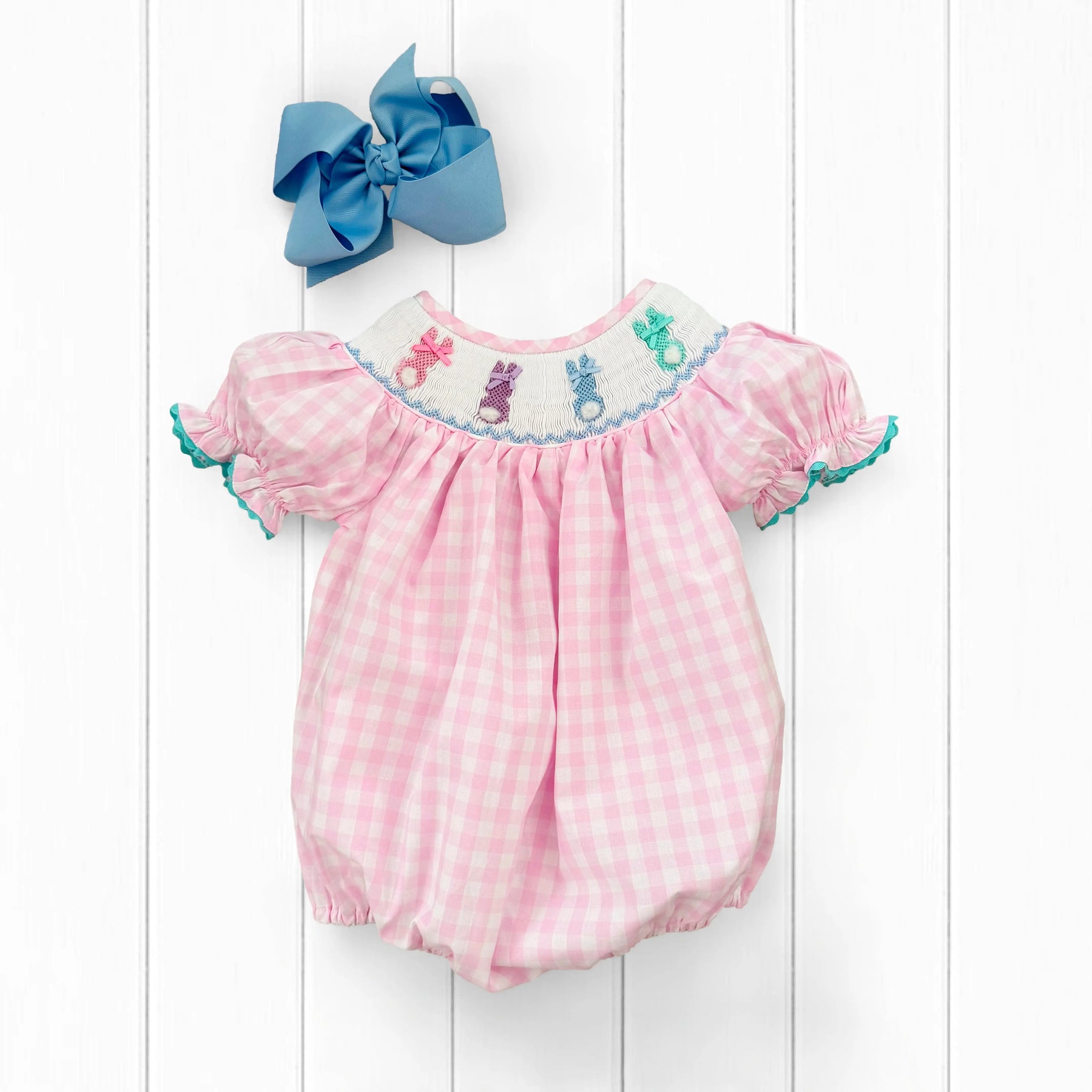 Smocked Pink Bunny Bubble by Seven Lantern Lane, children's boutique clothing detail photo 13
