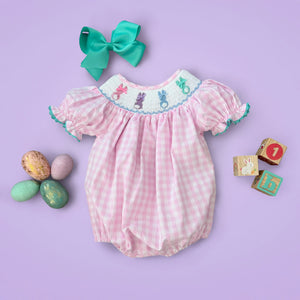 Smocked Pink Bunny Bubble by Seven Lantern Lane, children's boutique clothing detail photo 14