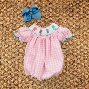 Smocked Pink Bunny Bubble by Seven Lantern Lane, children's boutique clothing detail photo 16