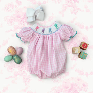 Smocked Pink Bunny Bubble by Seven Lantern Lane, children's boutique clothing detail photo 17
