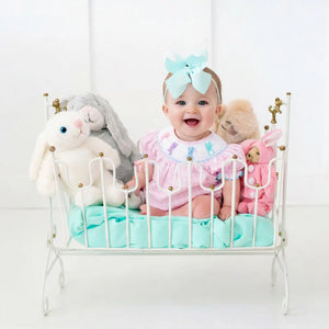 Smocked Pink Bunny Bubble by Seven Lantern Lane, children's boutique clothing detail photo 19