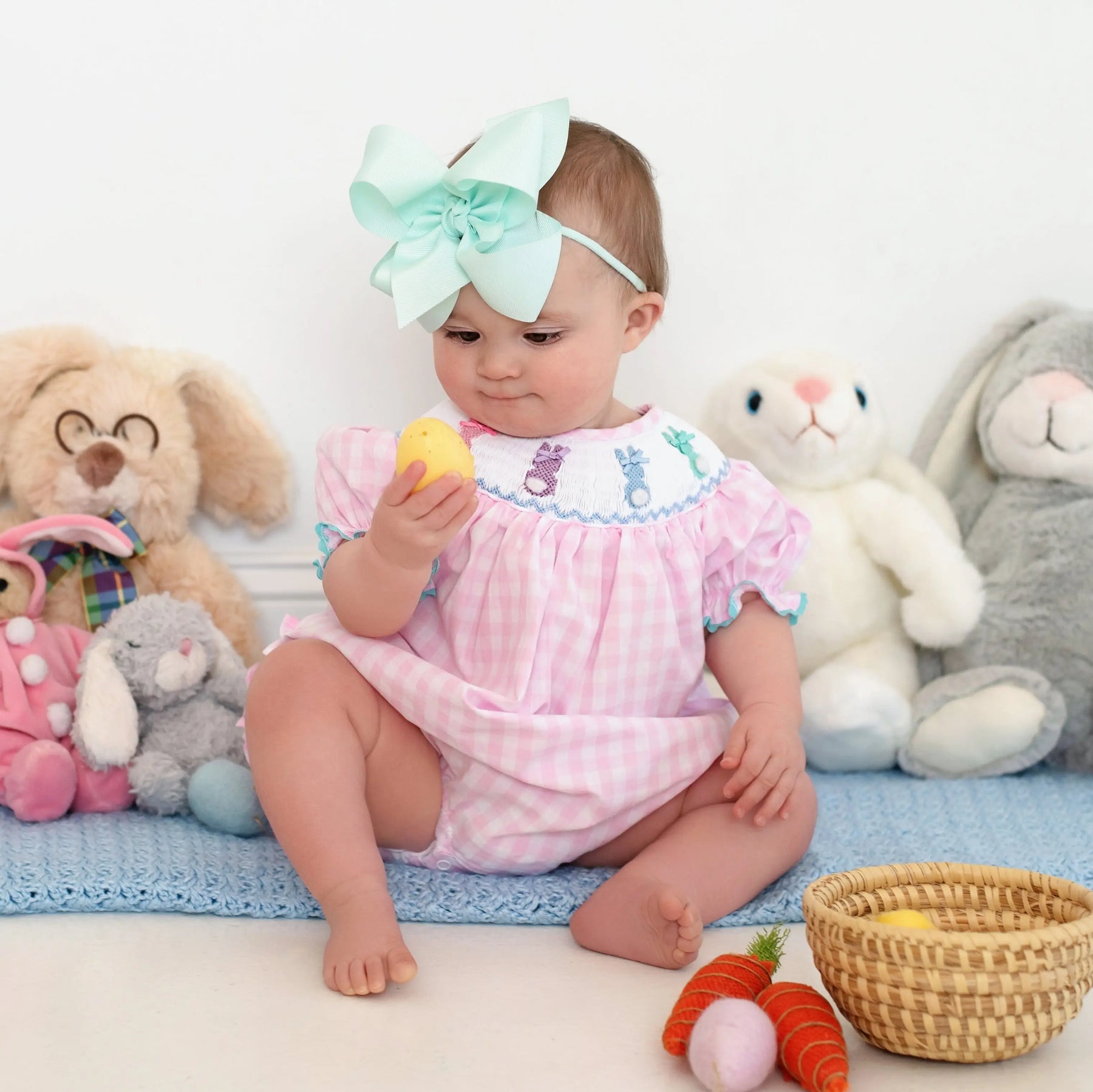 Smocked Pink Bunny Bubble by Seven Lantern Lane, children's boutique clothing detail photo 20