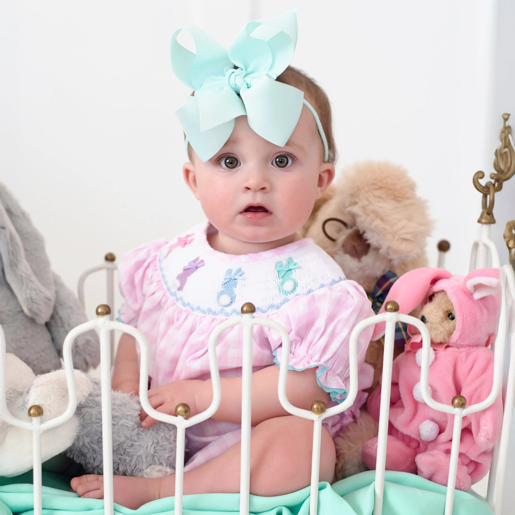 Smocked Pink Bunny Bubble by Seven Lantern Lane, children's boutique clothing detail photo 23