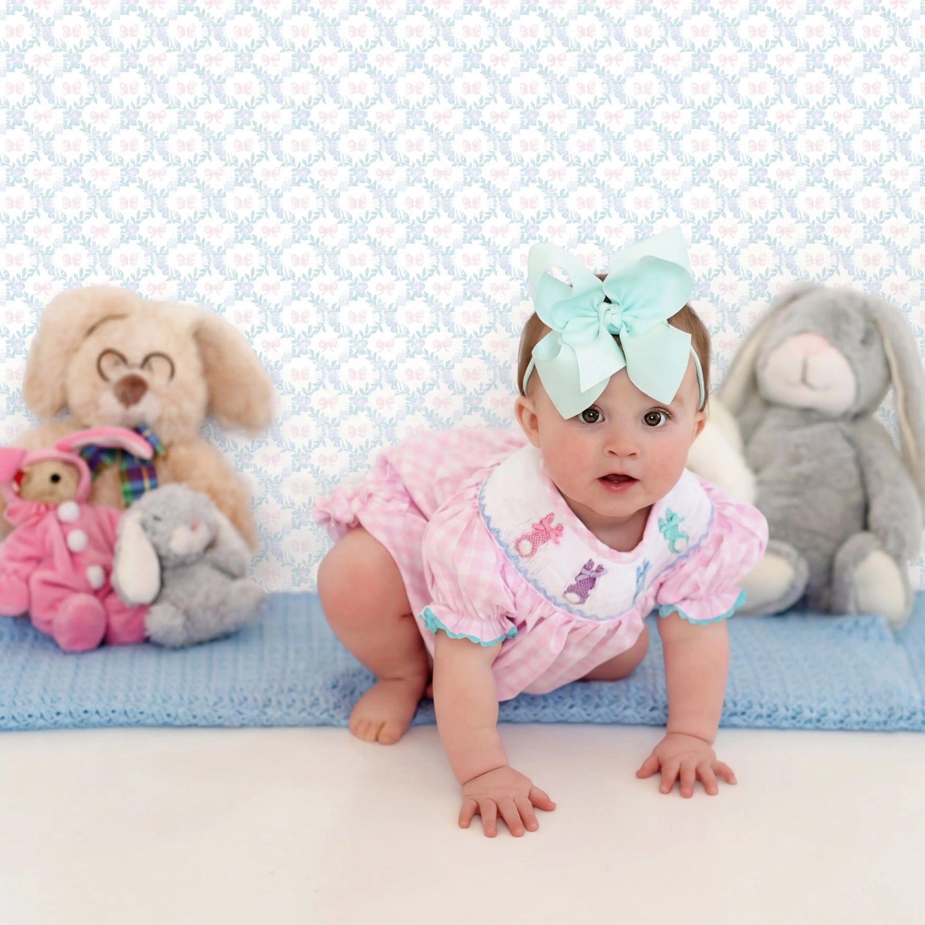 Smocked Pink Bunny Bubble by Seven Lantern Lane, children's boutique clothing detail photo 24