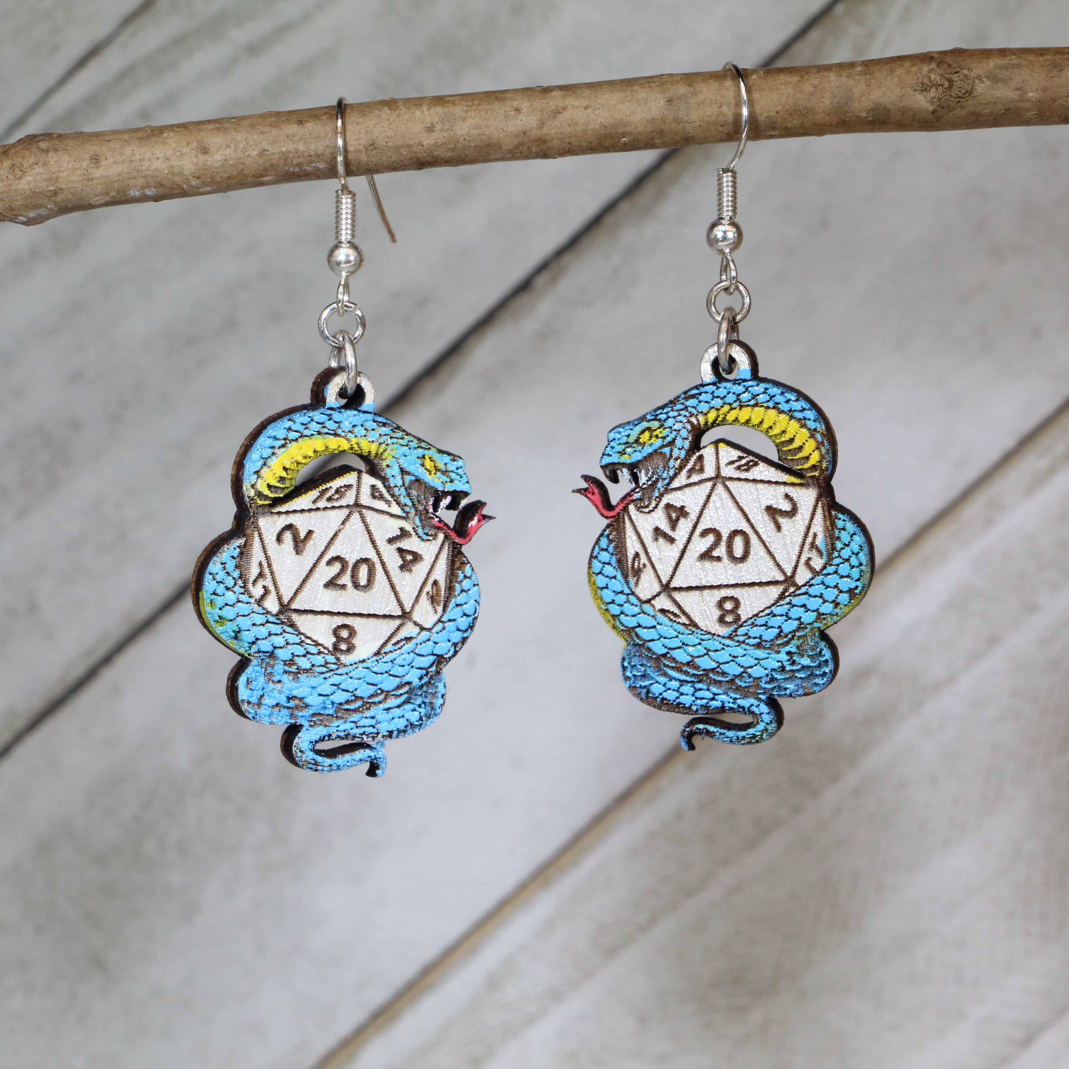Snake D20 Wooden Dangle Earrings | D&D Fantasy Gaming Jewelry by Cate's Concepts, LLC