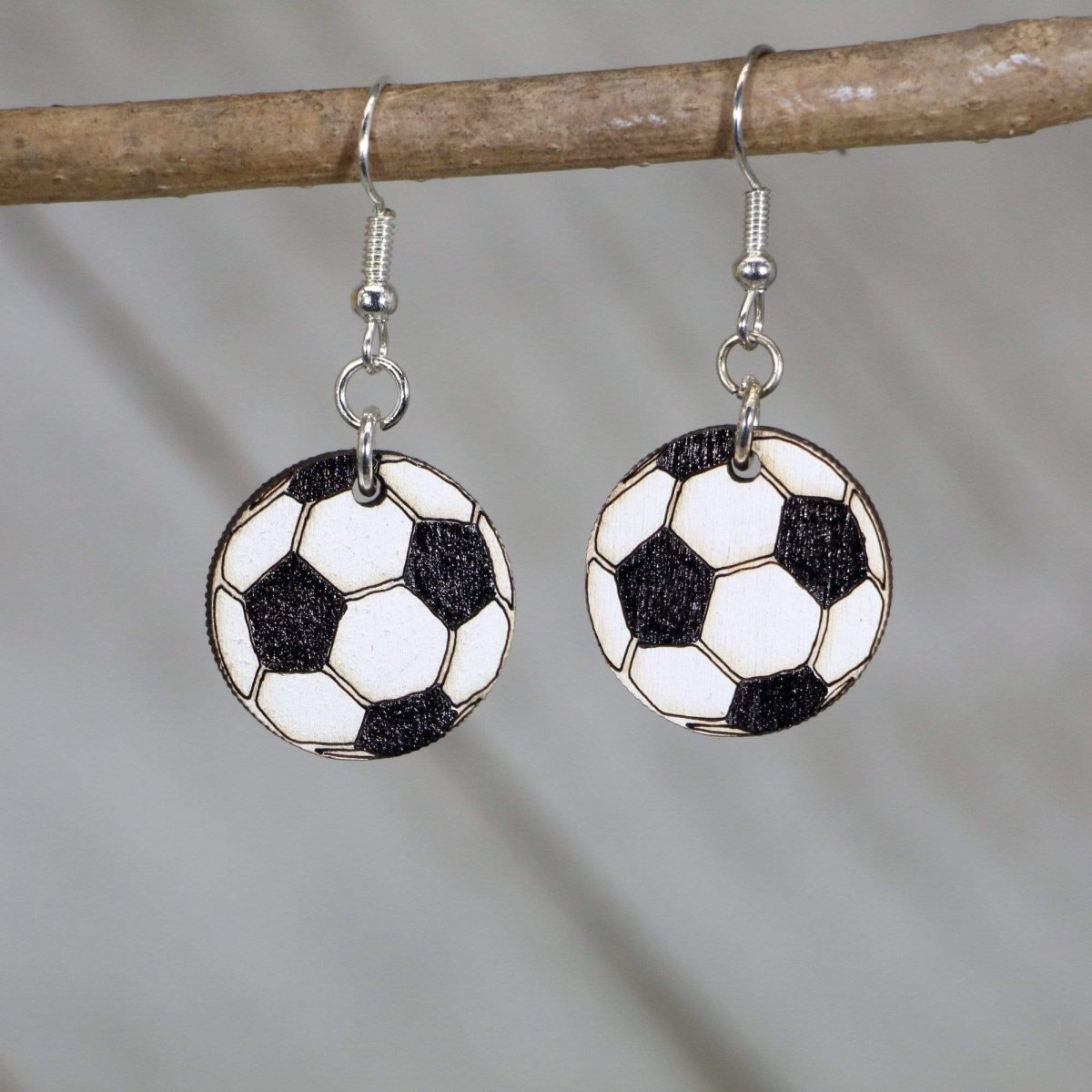 Soccer Ball Wooden Dangle Earrings | Sports Jewelry detail view by Cate's Concepts, LLC