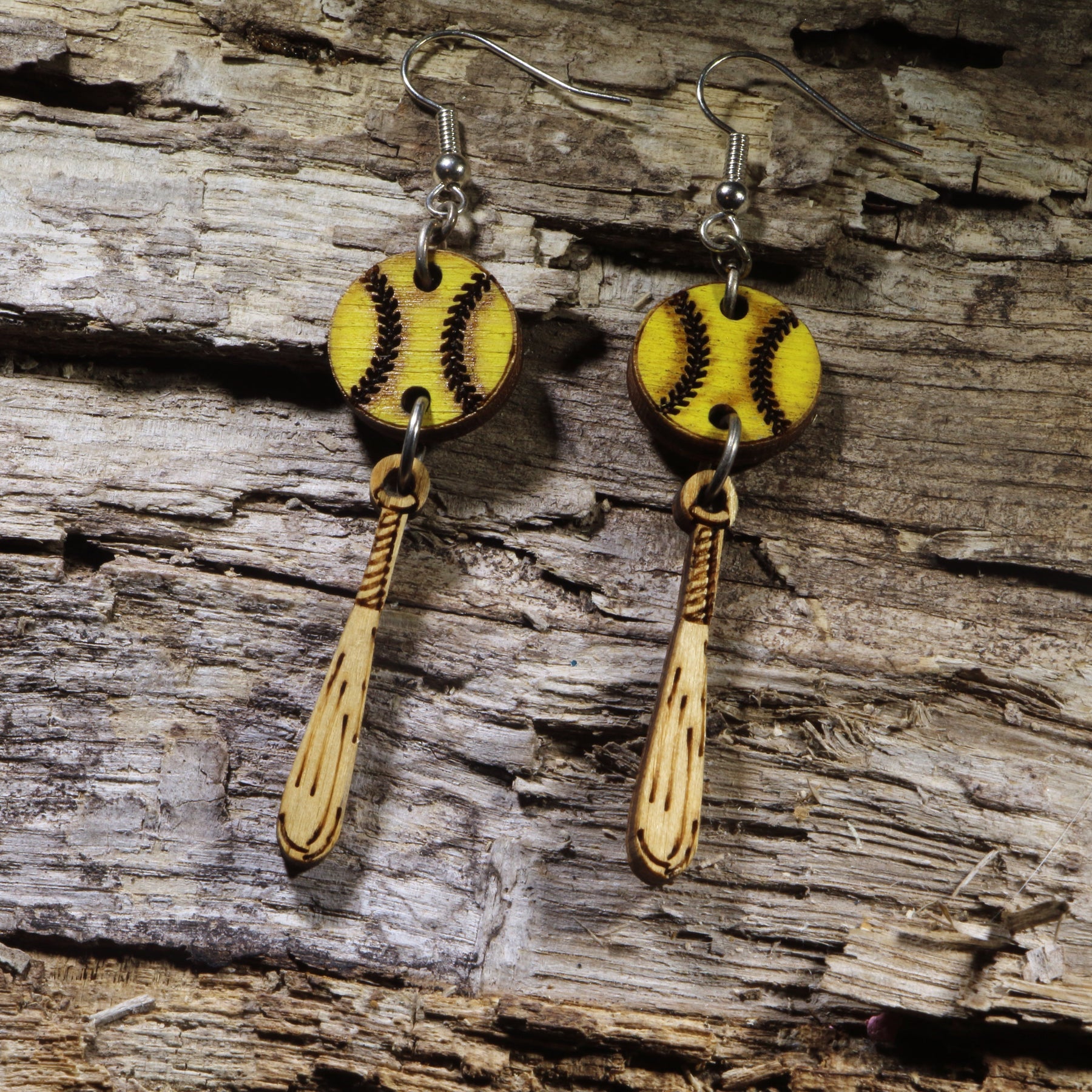 Softball & Bat Wooden Dangle Earrings | Softball Sports Jewelry