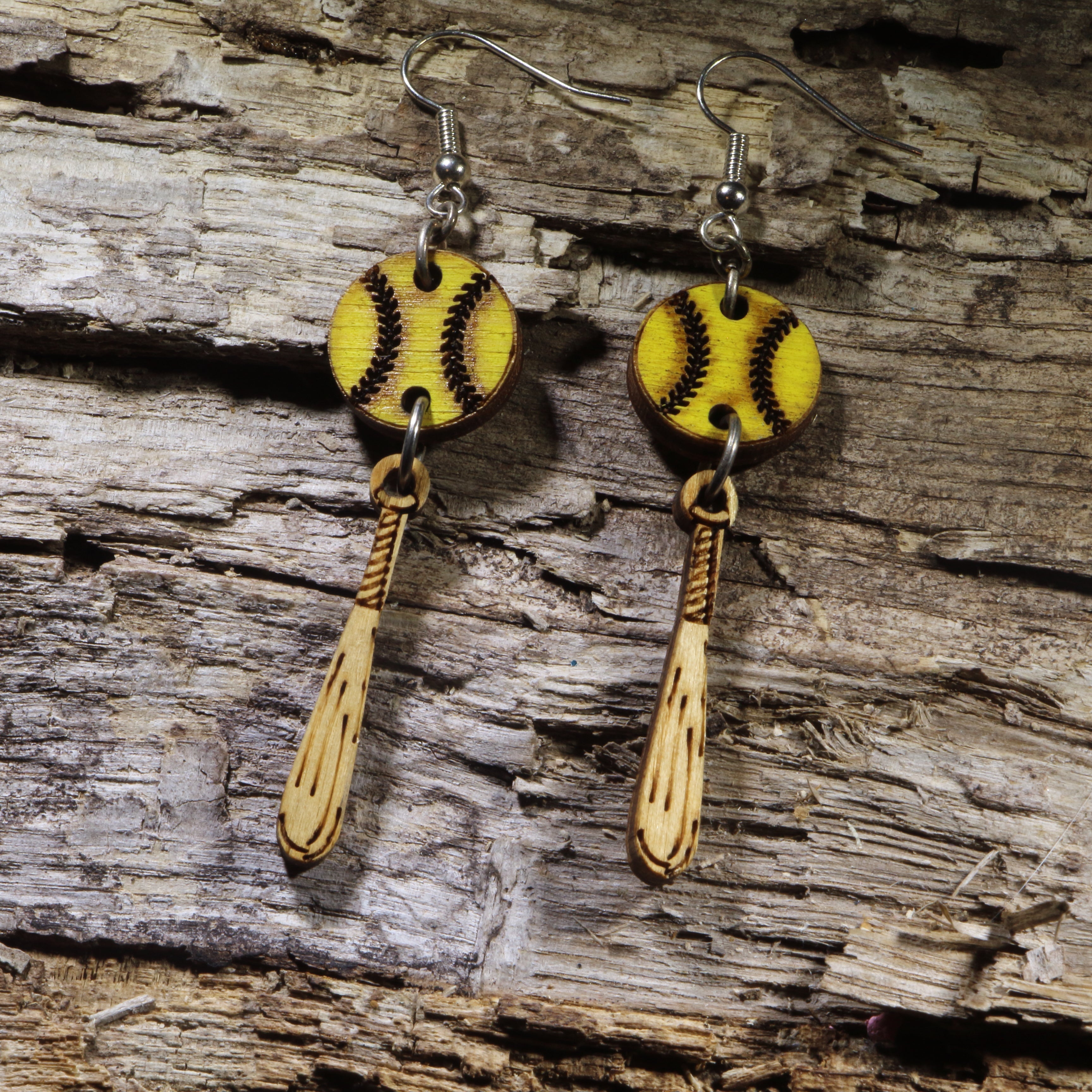 Softball & Bat Wooden Dangle Earrings | Softball Sports Jewelry by Cate's Concepts, LLC