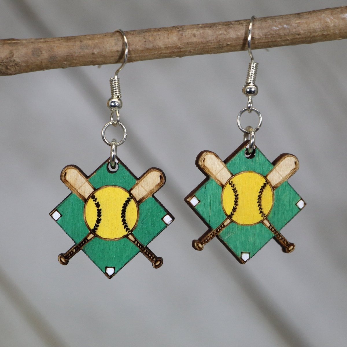 Softball Diamond Wooden Earrings | Softball Mom Sports Jewelry detail view by Cate's Concepts, LLC