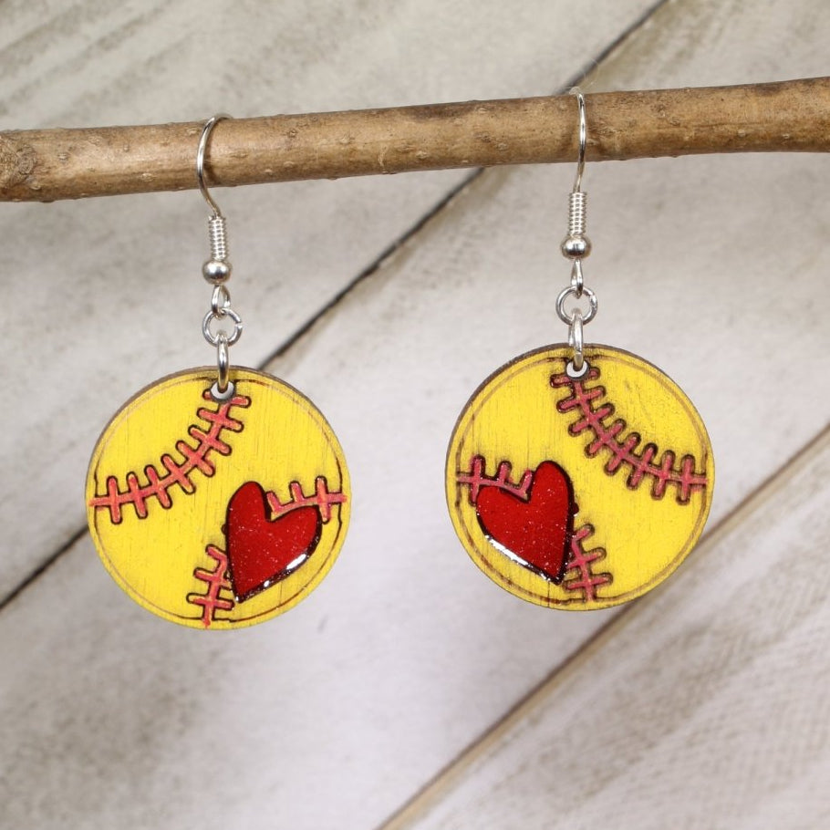 Softball Heart Wood Resin Earrings | Softball Mom Sports Jewelry