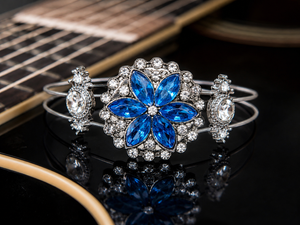 Blue Rhinestone Flower Guitar String Bracelet by N Harmony Jewelry, handmade jewelry main product photo