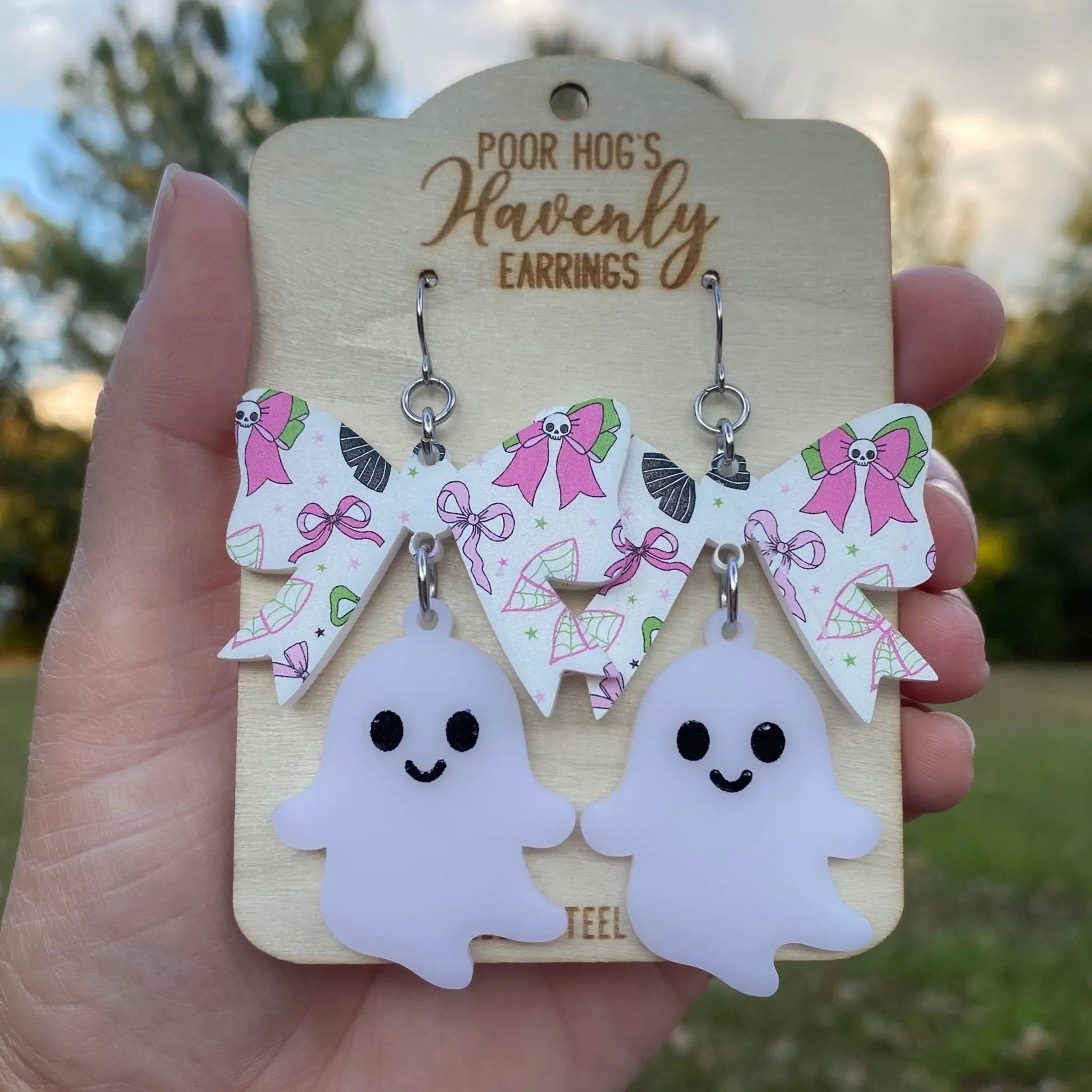 Spooky Cute Ghost Bow Earrings by Poor Hog Customs, handmade jewelry main product photo