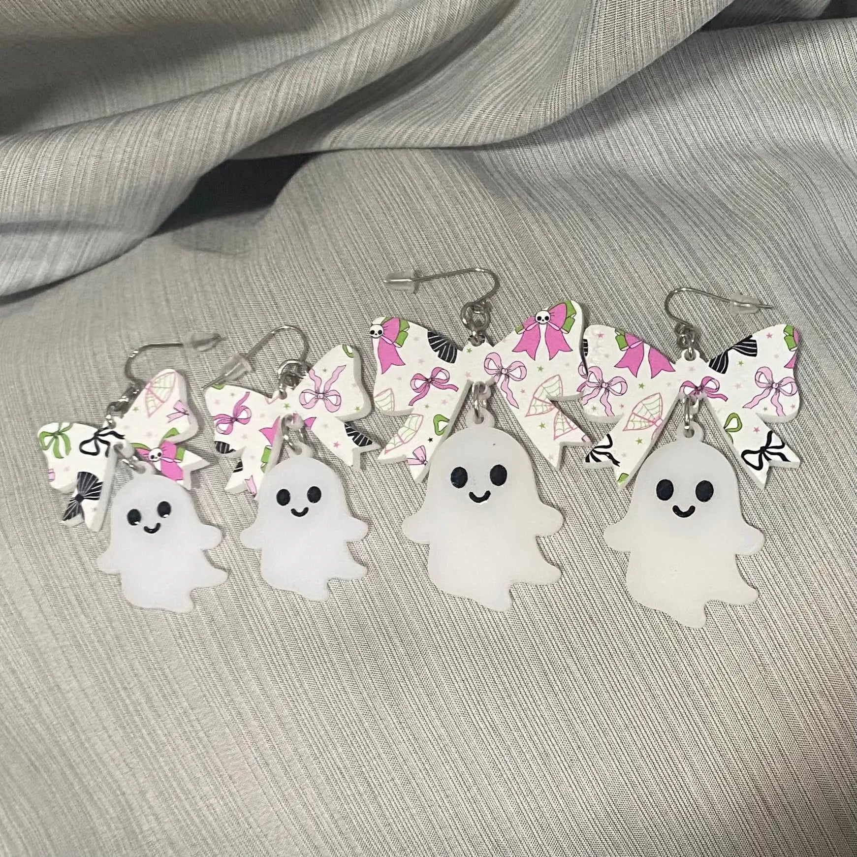 Spooky Cute Ghost Bow Earrings by Poor Hog Customs, handmade jewelry detail photo 3