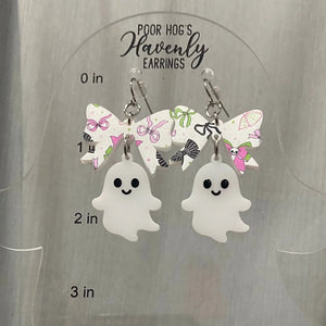 Spooky Cute Ghost Bow Earrings by Poor Hog Customs, handmade jewelry detail photo 6