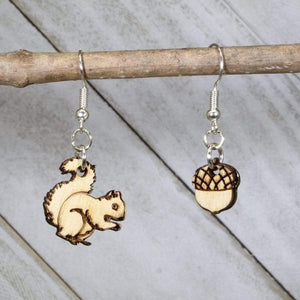 Squirrel and Acorn Wooden Dangle Earrings | Woodland Animal Jewelry detail view by Cate's Concepts, LLC