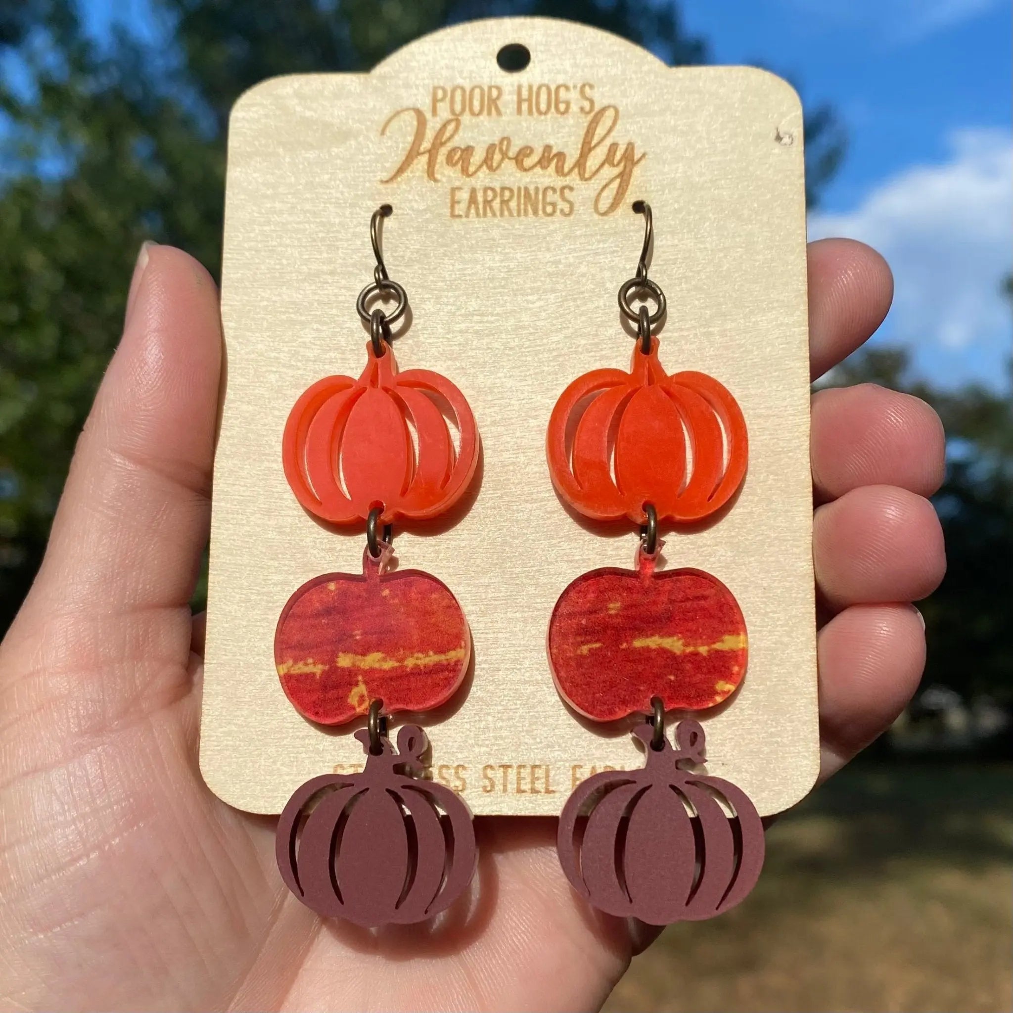 Stacked Pumpkin Acrylic Earrings by Poor Hog Customs, handmade jewelry main product photo