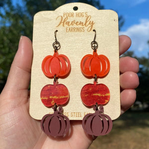 Stacked Pumpkin Acrylic Earrings by Poor Hog Customs, handmade jewelry main product photo