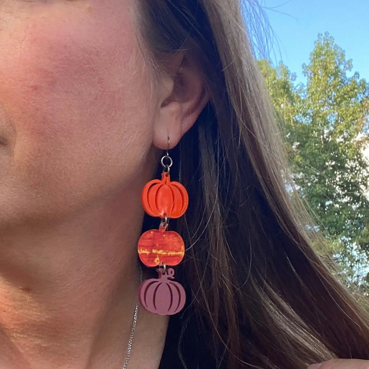 Stacked Pumpkin Acrylic Earrings by Poor Hog Customs, handmade jewelry detail photo 4