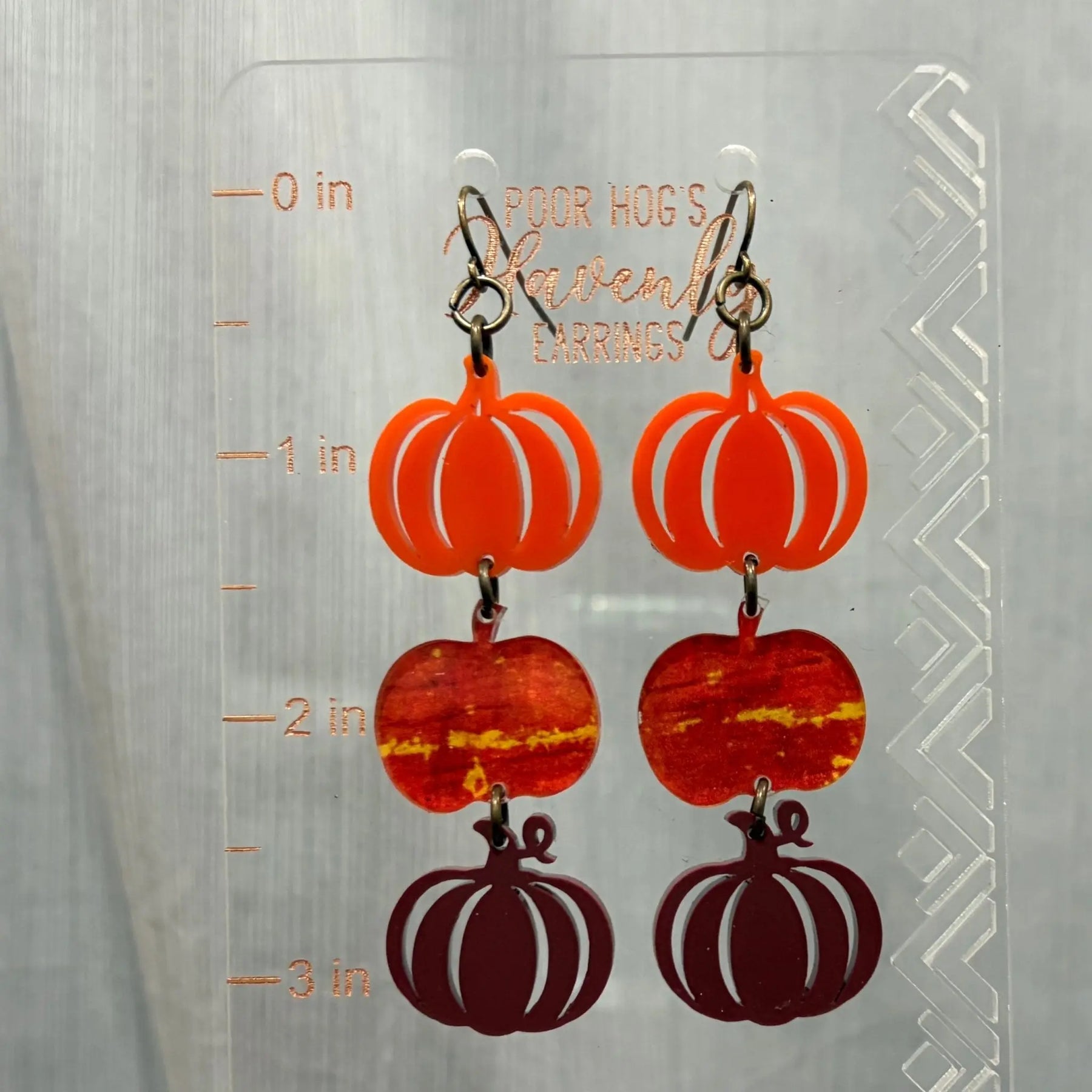 Stacked Pumpkin Acrylic Earrings by Poor Hog Customs, handmade jewelry detail photo 5