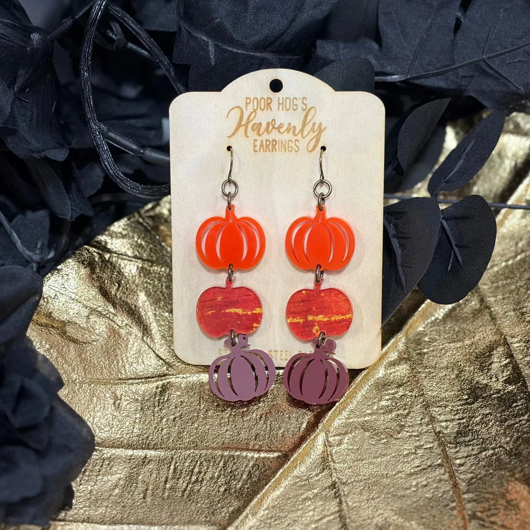 Stacked Pumpkin Acrylic Earrings by Poor Hog Customs, handmade jewelry detail photo 6