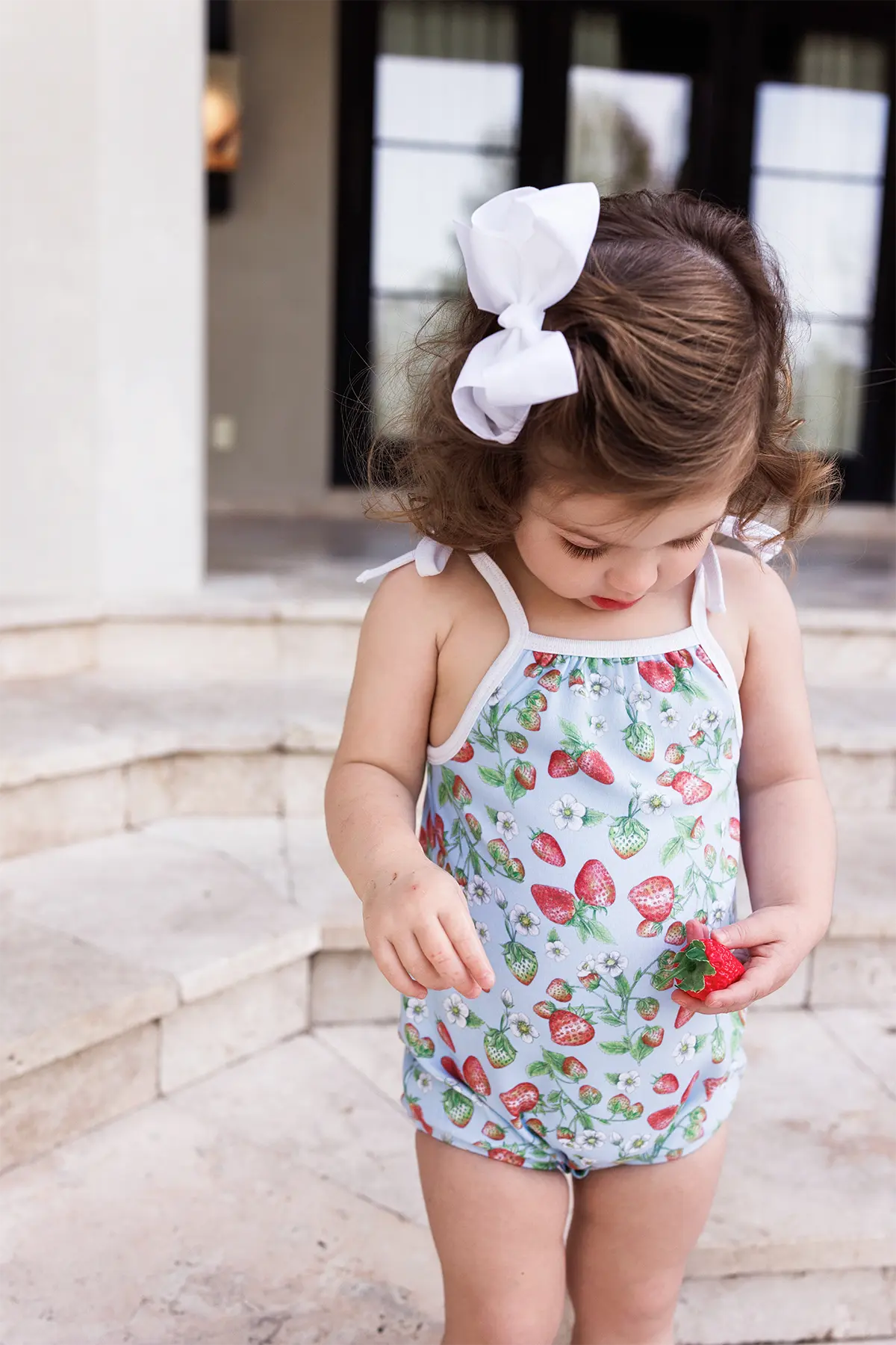 Strawberry Fields Organic Cotton Shoulder-Tie Onesie by Nola Tawk, Southern lifestyle apparel detail photo 2