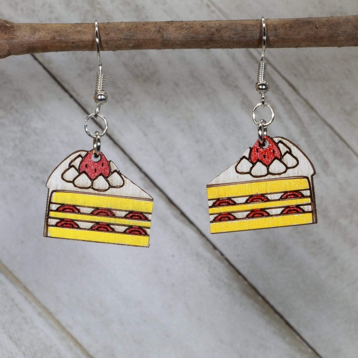 Strawberry Shortcake Wooden Earrings | Dessert Food Jewelry by Cate's Concepts, LLC, handmade jewelry main product photo
