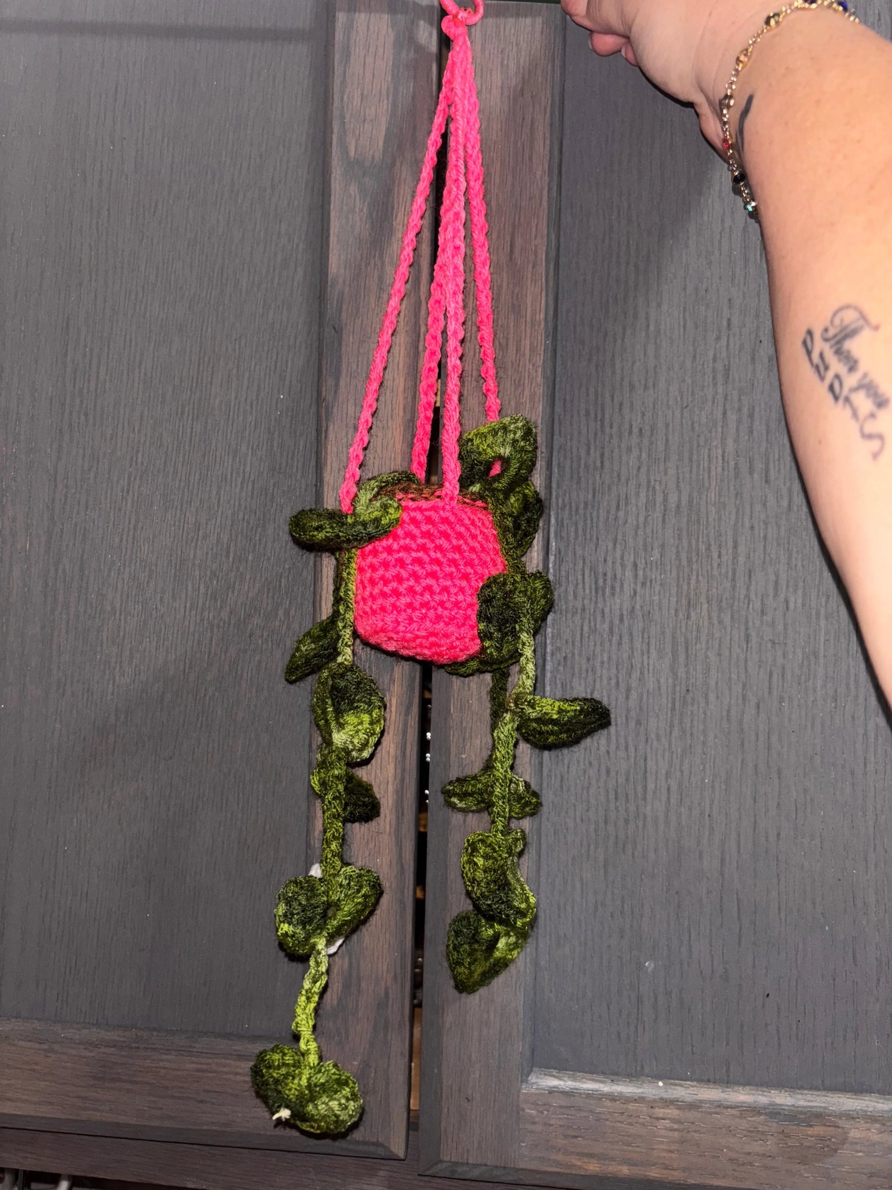 Strings of Hearts Crocheted Hanging Plant by Klassy Krafts, handmade jewelry detail photo 2