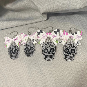 Sugar Skull Bow Halloween Earrings by Poor Hog Customs, handmade jewelry detail photo 3