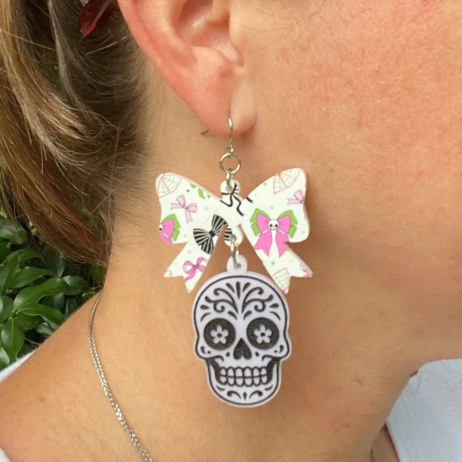 Sugar Skull Bow Halloween Earrings by Poor Hog Customs, handmade jewelry detail photo 4