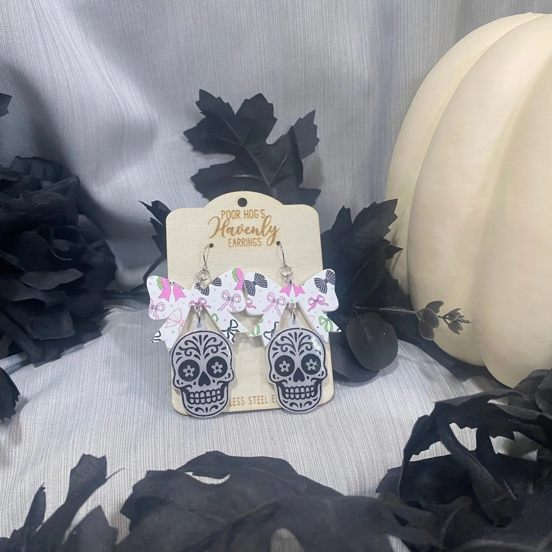 Sugar Skull Bow Halloween Earrings by Poor Hog Customs, handmade jewelry detail photo 5