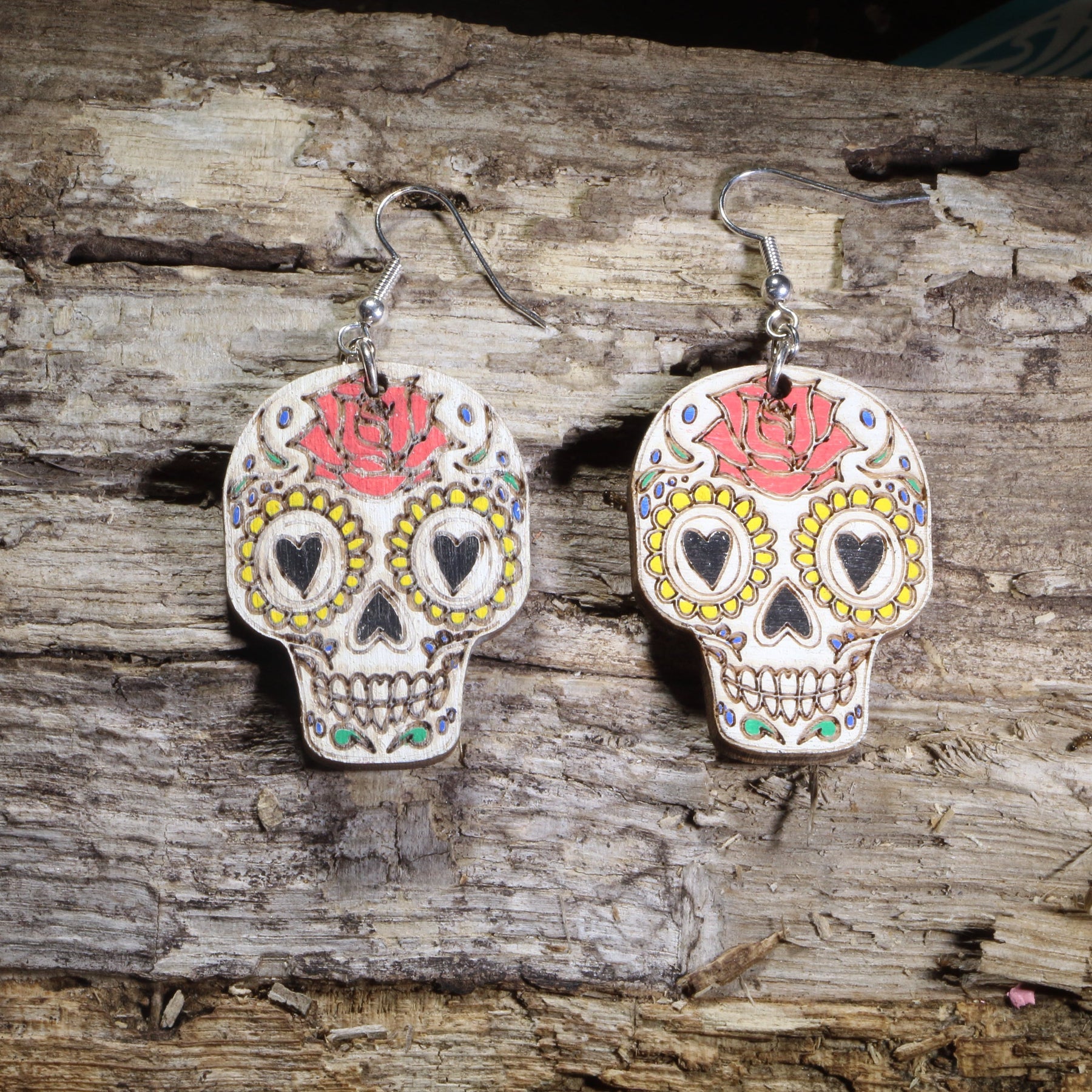 Sugar Skull Wooden Dangle Earrings | Day of the Dead Jewelry by Cate's Concepts, LLC