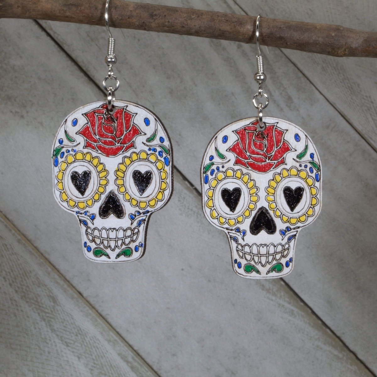 Sugar Skull Wooden Dangle Earrings | Day of the Dead Jewelry detail view by Cate's Concepts, LLC