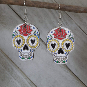 Sugar Skull Wooden Dangle Earrings | Day of the Dead Jewelry detail view by Cate's Concepts, LLC