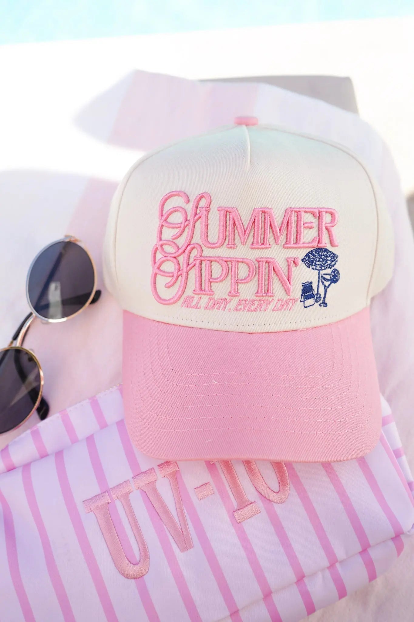 Summer Sippin' - Pink Vintage Trucker Hat by KenzKustomz, Southern lifestyle apparel main product photo