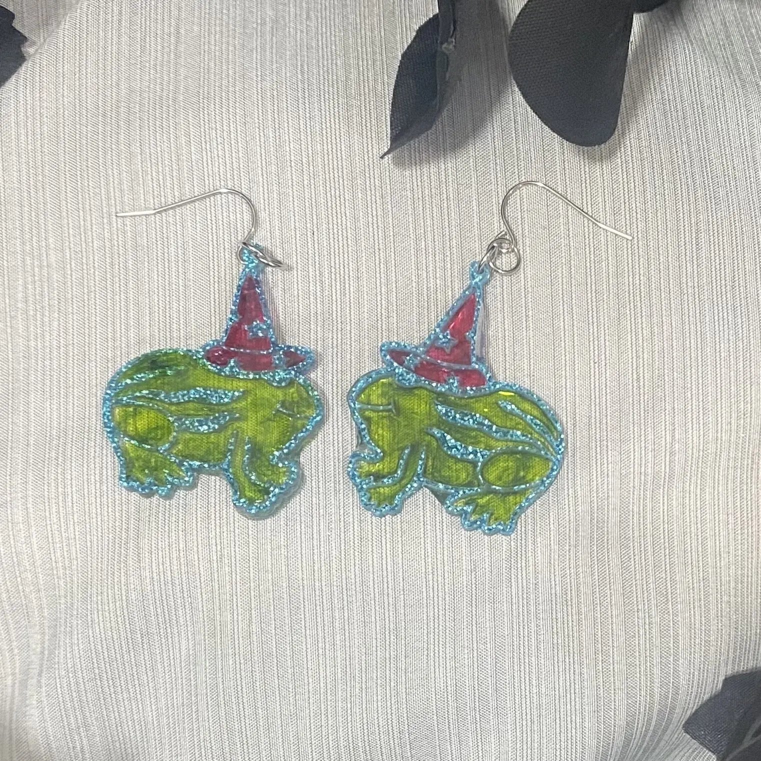 Summerween Watermelon Frog Earrings by Poor Hog Customs, handmade jewelry detail photo 3